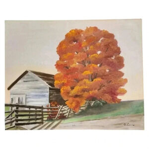 Vintage Mid-Century Painting Fall Autumn Landscape Barn Tree Signed 20x16 in